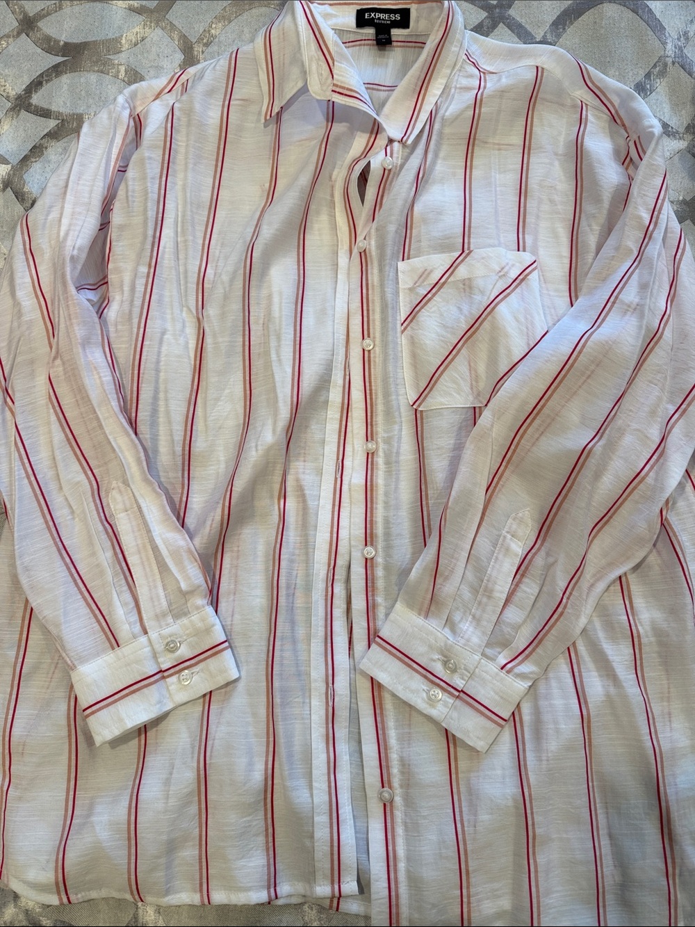 Express White Button-Down Shirt with Red Stripe
